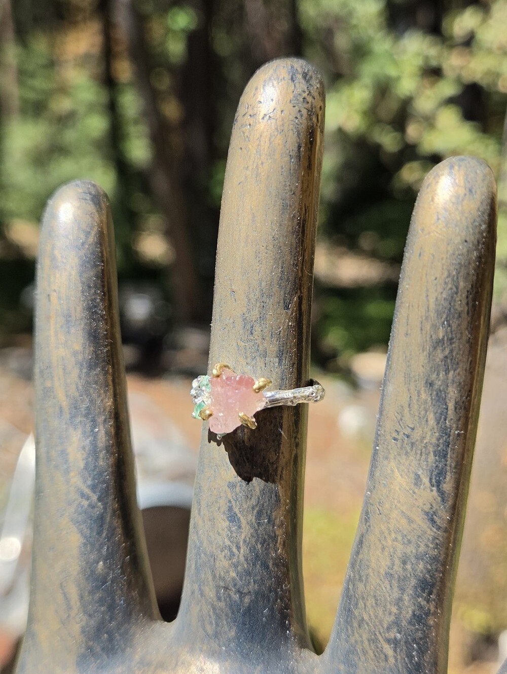 Raspberry Tourmaline & Emerald Sterling & Gold Rind Sz6.5 - Picture 4 of 8